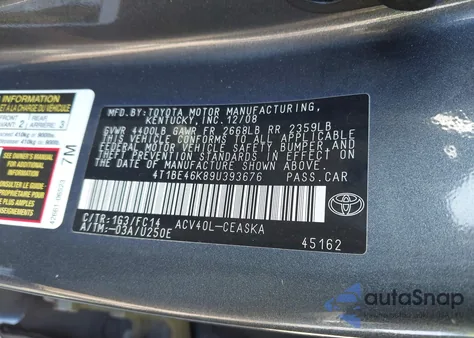 2009 Toyota Camry Se from USA, damaged, VIN 4T1BE46K89U393676